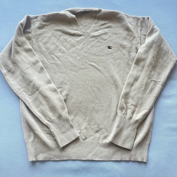 Vtg Burberry Sweater Mens Large Pure Lambswool V Neck Camel Italy Made Classic - Picture 1 of 9